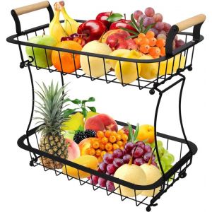Chenquansarl-Corbeille À Fruits À 2 Étages - Étagère À Légumes - Plan De Travail - Étagère À Fruits - Étagère En Métal - Accessoires De Cuisine - Panier De Rangement - Support À Fruits (Noir) - Neuf