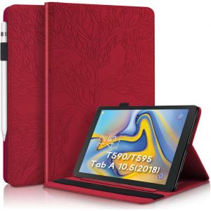 Etui Samsung Tab A 10.5"" 2018 Coque En Cuir Pu Portefeuille Porte-Stylo Flip Support Housse Etui Tablette Pour Samsung Galaxy Tab A 10.5 Pouces 2018 Sm-T590/Sm-T595 Arbre En Relief - Rouge.[F3170] - Neuf
