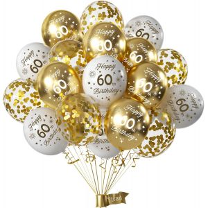 Ballons Decoration Anniversaire 60 ans,15pcs 12"" Décoration Anniversaire de Fête en Or Blanc,Happy 60th Birthday Or Blanc Ballon Anniversaire Kit,Deco Anniversaire 60 ans Femme Homme - Neuf