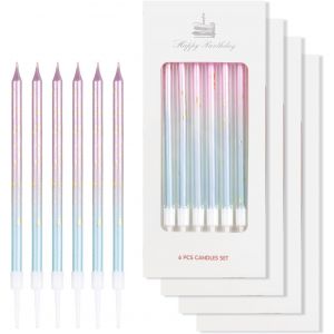 Lot De 24 Longues Bougies D'anniversaire Colorées Pour Gâteau,Décorations D'anniversaire Rose Et Bleu,Dégradé Pour Filles,Garçons,Femmes,Hommes,Fête D'anniversaire,Décorations - Neuf