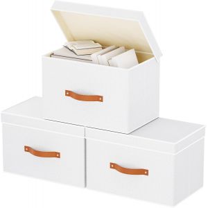 TIANYI-3 Pièces Boite Rangement Vetement, Boîte en Tissu avec Couvercle, Storage Box pour Chambre à Coucher, Salon, Armoire, 33x23x20cm, Blanc - Neuf