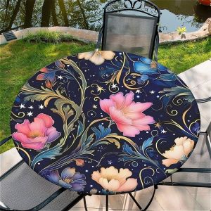 SJZG-Nappe Ronde D'Extérieur Avec Élastique Ø 44"(110Cm) - Nappe De Jardin Élastique Motif Fleurs Sombres Convient Aux Tables De 95 À 105 Cm De Large - Neuf
