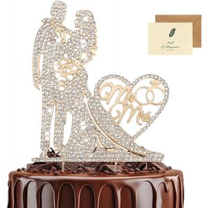 TRAHOO-Figurine gateau mariage, strass brillant metallic Bridal & groom topper gateau mariage decoration mariage fiançailles anniversaire Valentine avec carte - Neuf