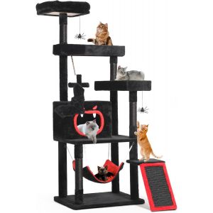 Subzonal-Grand Arbre À Chat Gothique Xl, 160 Cm De Haut, Stable Avec 4 Colonnes En Sisal, 1 Griffoir, 1 Hamac, 2 Boules Suspendues, Lit De Cercueil, Plateformes, Grotte, Halloween, Noir - Neuf