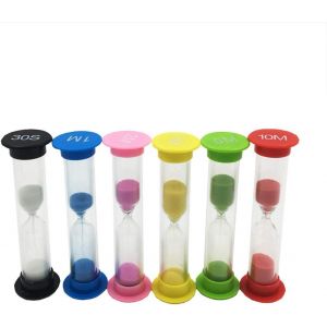 Ensemble de 6 sabliers colorés ¿ durées 30¿s, 1¿min, 2¿min, 3¿min, 5¿min, 10¿min ¿ PVC et verre borosilicate, parfaits pour cuisine, jeux, sport et étude, format 8,5¿×¿2,5¿cm, portable - Neuf