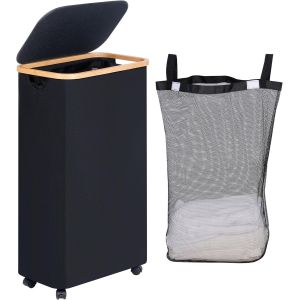 KAL-Panier À Linge Sur Roues 75L, Panier À Linge Étroit Avec Couvercle, Panier À Linge Pliable Avec Poignées En Bambou Et Sac Amovible Pour La Chambre, La Salle De Bain, La Buanderie - Neuf