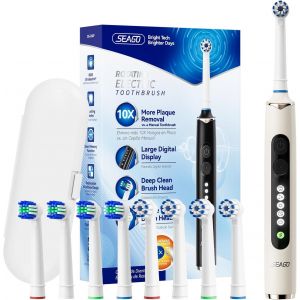 Brosse &Agrave; Dents &Eacute;lectrique Rotative Rechargeable, Brosse &Agrave; Dent &Eacute;lectrique Avec &Eacute;tui Voyage, 8 T&ecirc;tes Pour Familial, 5 Modes, Minuterie 2min, &Eacute;tanche Ipx7, Sg2607, Beige - Neuf