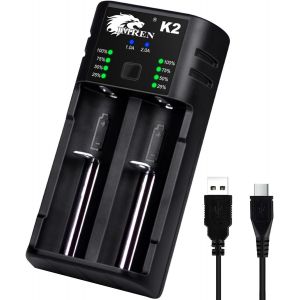 Chargeur de Batterie 18650,2 A Rapide Chargeur Pile pour 3.7V Li-ION 18650 10440 14500 14650 18500 18350 18700 26650 1.2V Ni-MH/Ni-CD AA AAA C (2 Baies) - Neuf