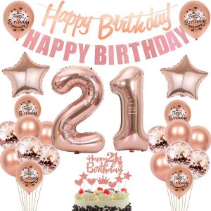 D&eacute;coration 21 Ans Anniversaire Femme Ballons Anniversaire 21 Ans Femme Rosegold Banni&egrave;re ""Happy Birthday"",Or Rose Ballons 21 Ans Anniversaire Femme,Or Rose D&eacute;coration G&acirc;teau Anniversaire 21 Ans - Neuf