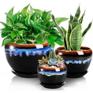 Lot de 3 Pots de Fleurs en c&eacute;ramique &eacute;maill&eacute;e Goutte &agrave; Goutte avec Trou de Drainage et Soucoupe,conteneur Rustique pour Plantes Grasses,Cactus,orchid&eacute;es,Maison,int&eacute;rieur et ext&eacute;rieur - Neuf