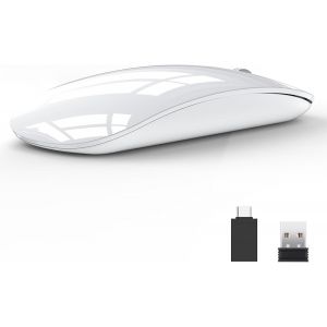 U58 Souris Optique sans Fil Rechargeable, 2.4G silencieuse Wireless Mouse Ultra Portable avec r&iquest;&iquest;cepteur USB Nano et Adaptateur de Type C pour PC/Tablette/Ordinateur Portable (Blanc) - Neuf