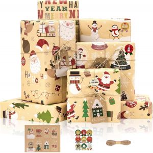 Kit Papier Cadeau Noel avec Etiquette et Autocollant, 6 Feuilles Papier Emballage Cadeau Noël Vintage avec Joli Père Noël Renne, Papier Kraft Brun Épais po - Neuf