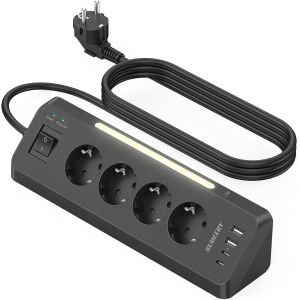 Multiprise d'angle avec USB (2 type C), 4 prises, pour bureau, encastr&eacute;e, avec interrupteur, prise d'angle avec LED, pour cuisine, noire - Neuf