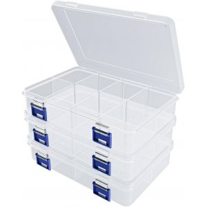 Jexnovashop-3 Pcs 8 Grilles Bo&icirc;tes De Rangement En Plastique &Agrave; Compartiments Empilables Transparentes Avec Compartiments R&eacute;glables Pour Bijoux, Perles, Boucles D'oreilles, Accessoires De Couture - Neuf