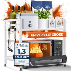 Chenquansarl-Tagère Micro-Ondes Étagère De Cuisine En Acier (2 Niveaux) | Meuble Micro-Ondes Support Four | Rangement Cuisine Ajustable En Hauteur & Longueur + Vidéo De Montage, Crochets ¿ Blanc - Neuf