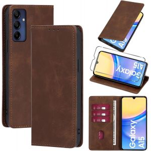 Kal-Coque Cuir Pour Samsung Galaxy A15 4g/5g 6.5"" Avec 1 Verre Trempé Etui À Rabat En Pu Porte-Cartes Portefeuille Support Flip Housse Magnétique Antichoc Anti-Rayures Case,Marron - Neuf