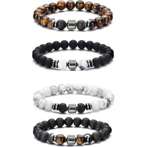 Kal-4pcs Bracelet Pierre Naturelle Homme Avec Coffret Cadeau, Bracelet Homme, Bracelet Chakra, Bracelet Oeil De Tigre Femme,Naturelle Bracelet Perles, Bracelet Pierre De Lave - Neuf