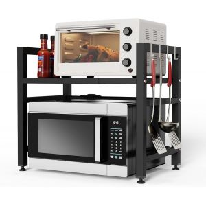 Cmwx-Etagere Micro Onde Extensible, Support Micro Onde Noir Pour Cuisine Rangement, 2 Niveaux, 4 Crochets, R&eacute;glable Hauteur 32/42cm, Extensible 40-64cm, Etagere Cuisine En Acier Au Carbone - Neuf