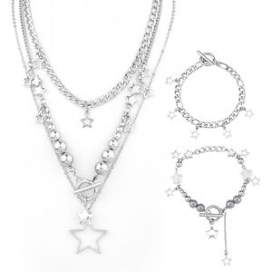 Kal-Collier Étoile Y2k Avec 2pcs Bracelets, Collier Grunge Étoile Argenté Y2k Bijoux Vintage Emo Esthétiques Bracelet Collier Mignon Accessoires Grunge Y2k Pour Femmes Filles - Neuf