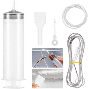Kit de Nettoyage pour R&eacute;frig&eacute;rateur - Set de 5 Pi&egrave;ces avec Tuyau, Seringue, Raclette &agrave; D&eacute;givrage et Bouchon d'&Eacute;vacuation - Outil de Nettoyage pour &Eacute;viers et Conduits - Neuf