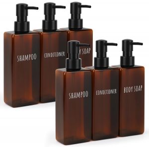 KAL-Distributeur Savon, 6 Pi&egrave;ces 500Ml Distributeur Savon Cuisine, Distributeur Gel Douche En Plastique, Distributeur Shampoing Avec &Eacute;tiquette Imprim&eacute;e, Distributeur Savon Brun - Neuf