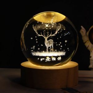 Bo&icirc;te &agrave; musique 3D en cristal, bo&icirc;te &agrave; musique &agrave; boule rotative lumineuse &agrave; intensit&eacute; variable, d&eacute;coration d'anniversaire de cerf de No&euml;l - Neuf