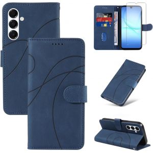 KALANKA-Coque Compatible avec Samsung Galaxy A17 4G / 5G avec 1 Pi&egrave;ce Protection &Eacute;cran en Verre Tremp&eacute;, Housse PU Cuir &agrave; Rabat Flip, &Eacute;tui Support et Portefeuille Fonction (Bleu) - Neuf