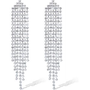 Boucles D'oreilles Strass Pour Femme, Boucles D'oreilles Pendantes À Pampilles Argentées Scintillantes Boucles D'oreilles Longues Lustre En Cristal,Boucles D'oreilles À Franges En Diamant.[X1342] - Neuf