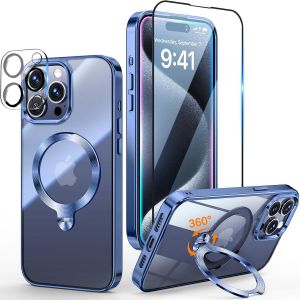 LORANKA-3 en 1 Coque pour iPhone 15 Pro 6.1"" [Coque Magn&eacute;tique Puissant pour MagSafe] [360&deg; CD Support Rolatif] [avec Protection Cam&eacute;ra & &Eacute;cran] Coque Antichoc &Eacute;lectroplaqu&eacute;e, Bleu - Neuf