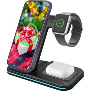 Sjzg-Chargeur Rapide Station Charger Compatible Avec Iphone, Apple Watch Et Airpods - 3-In-1 Chargeur Induction - 15w U2013 Chargé Rapide Premium - Charger A Induction - Noir - Neuf