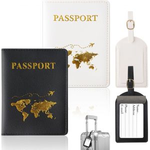 NSIECD-Porte-Passeport Housse - 2Pcs Couvertures et 2Pcs &Eacute;tiquette Valise en PU Cuir, Prot&egrave;ge Carte de Cr&eacute;dit (Noir, Blanc) - Neuf