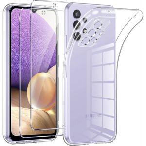 MEVRONISSHOP-Coque pour Samsung Galaxy A32 4G avec 2 Pi&egrave;ces Protection &Eacute;cran en Verre Tremp&eacute;,Ultra Transparente Silicone en Gel TPU Souple pour Samsung A32 4G Couqe,Antichoc Anti-Jaune Etui Bumper - Neuf