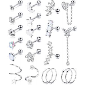 Kal-21pcs 16g Cartilage Boucle D'oreille Stud Pour Femmes Acier Inoxydable 20g Cartilage Hoop Boucle D'oreille Set Coeur Flower Chain Dangle Cz Courbé Tragus Conque Helix Piercing Bijoux - Neuf