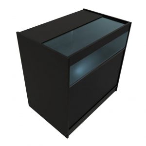 Comptoir De Vente En Mdf Noir Led Blancs Intégrés B900 3 Étagères Portes Coulissantes Verouillables Rangement Commerciale Vitrine En Verre Acceuil Réception Bureau Vêtements Bijoux [2 Clés Inclus] - Neuf