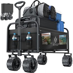 Chariot De Transport Avec Pneus Larges, 2 Poches En Filet | Pliable | Pneus En Caoutchouc Massif |Remorque De Jardin Gris - Neuf