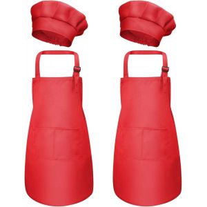KALANKA-4 Pièces Rouge Tablier Enfant et Chapeau de Chef Set, Bambin Tabliers avec Poches pour Garçons Filles, Tablier de Cuisine Jardin, Tabliers de Chef Cuisson Pour Peinture L'artisanat (M pour 3- - Neuf
