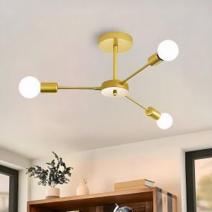 KAL-Lustre Plafonnier Industriel,3 Lumières Lustre Sputnik Vintage,E27 Lampe De Plafond Or Pour Salon Chambre Cuisine Bar Café,Diamètre 55Cm (Sans Ampoules) - Neuf