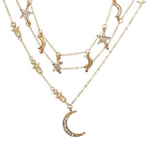 Collier Multicouche En Alliage Avec Pendentif Etoile Et Lune En Strass - Neuf