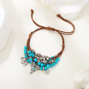 Bracelet Boh&egrave;me Avec Pendentif En Forme De Feuille D'&eacute;l&eacute;phant Turquoise Et Argent, Accessoires Pour Femmes Et Filles[Bra9201512] - Neuf