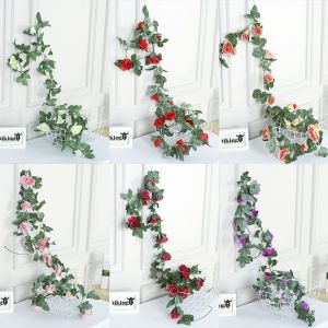 Guirlande de 6 roses artificielles en soie pour mariage et d&eacute;coration int&eacute;rieure, longueur 2,2 m - Neuf