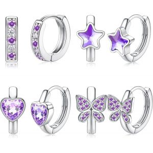 Kal-4 Paires Petite Boucles D'oreilles Créoles Pour Femmes Enfant Filles Hypoallergénique Boucles D'oreilles Coeur Étoile Papillon Zirconium Créoles 925 Argent Pin Boucles D'oreilles Ensemble - Neuf