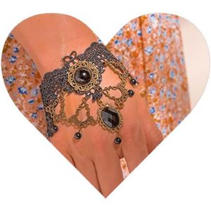 Kal-Vintage Punk Layered Bracelet En Dentelle Noire Bracelet En Obsidienne Noire Bracelet En Dentelle Creuse Cristal Ovale Gem Bracelet Main Harnais Cha&icirc;ne Bijoux Pour Femmes Et Filles - Neuf