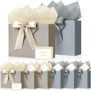 Sac Cadeau Papier - 8 Pochette Cadeau Anniversaire Moyen,Sachet Cadeaux Grand Format 8 Cartes 10 Mouchoirs,Gift Bag Elégantes pour Femme Fille Saint-Valentin Fêtes Noël Mariage (Champagne Gris) - Neuf