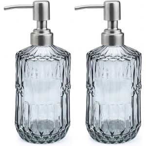 KAL-Lot De 2 Distributeurs De Savon En Verre Avec Pompe En Acier Inoxydable, 450 Ml, Style Vintage, Rechargeable, Pour Salle De Bain, Cuisine, Savon Pour Les Mains, Savon À Vaisselle, Lotion - Neuf