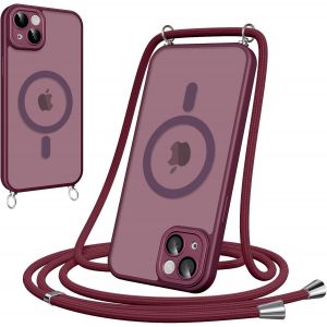 Maa-Coque Magnétique Pour Iphone 14 Plus Avec Cordon, [Compatible Avec Magsafe] Etui Translucide Mat Arrière Anti-Jaunissement Antichoc Réglable Portable Lanyard Case Protection, Rouge - Neuf