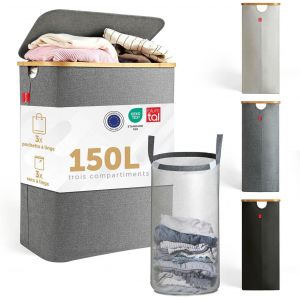 Panier a linge 1 compartiment 100L - Panier rangement lavable avec filet à linge détachable - panier à linge avec couvercle & bord en bambou - corbeille a linge - paniere a linge sale - beige - Neuf