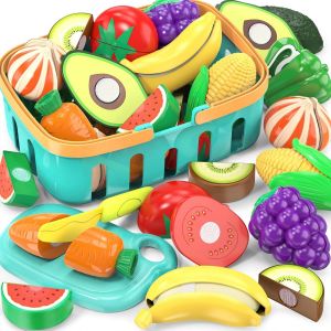 Jouets Aliments Pour Enfants Pour Découper Et Jouer,Accessoires Factices De Dînette,Ensemble De Faux Fruits/Légumes Avec Panier De Rangement,Planche Et Couteau En Plastique,Cadeaux D'Anniversaire - Neuf