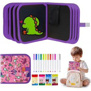 ERYI-Portable Enfant Doodle Planches, 16 Pages Réutilisable Double Face Cahier Coloriage Effacable, Avec 12 Stylos Effaçables Colorés, Jouet Cadeau Pour 3 4 5 6 7 8 Ans Garçons Et Filles (Violet) - Neuf