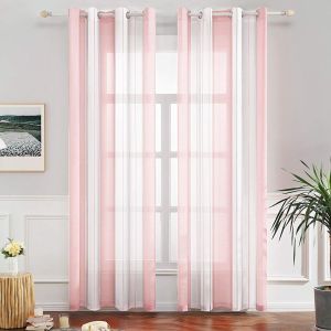 Tzf-Rideaux Voilage À Rayures Blancs Et Rose Claire, Voilages Intérieurs Avec Oeillets, Beaux Voile Rideau Voilage Fenetre Chambre, Lot De 2 Transparent Rideaux Salon Hauteur 225 Cm - Neuf