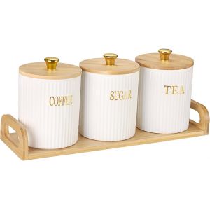 Lot De 3 Bo&icirc;tes De Rangement Herm&eacute;tiques En C&eacute;ramique Blanche Avec Couvercle En Bambou Avec Couvercle En Bambou Pour Comptoir De Cuisine De Ferme - Neuf